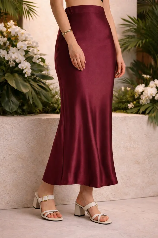 Zastraa_Women_Maroon_Satin_Midi_Flared_Skirt