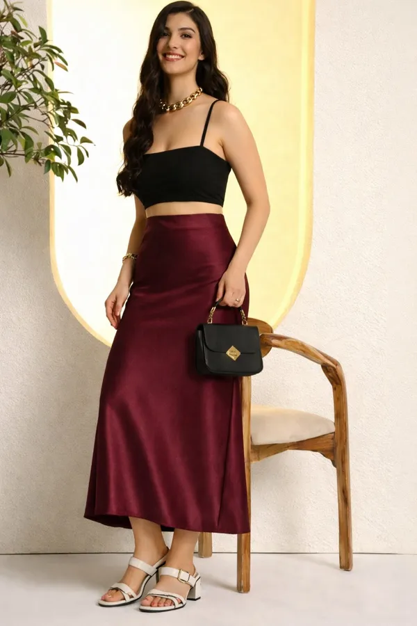 Zastraa_Women_Maroon_Satin_Midi_Flared_Skirt