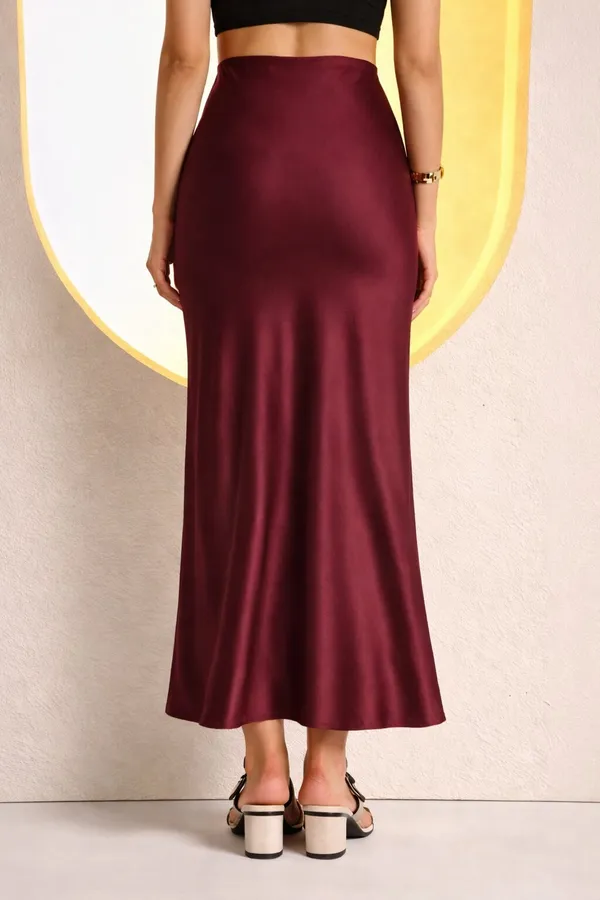 Zastraa_Women_Maroon_Satin_Midi_Flared_Skirt