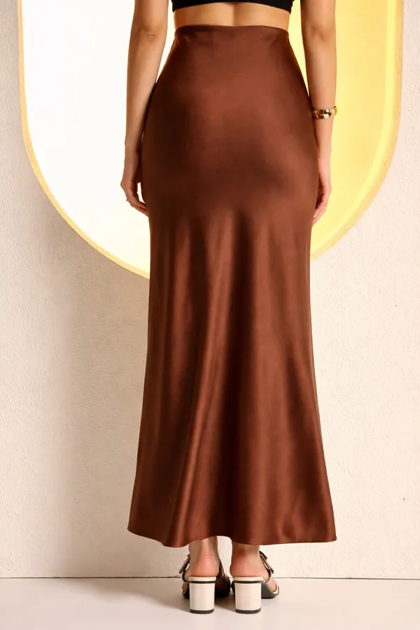 Brown_Solid_Satin_Midi_Skirt