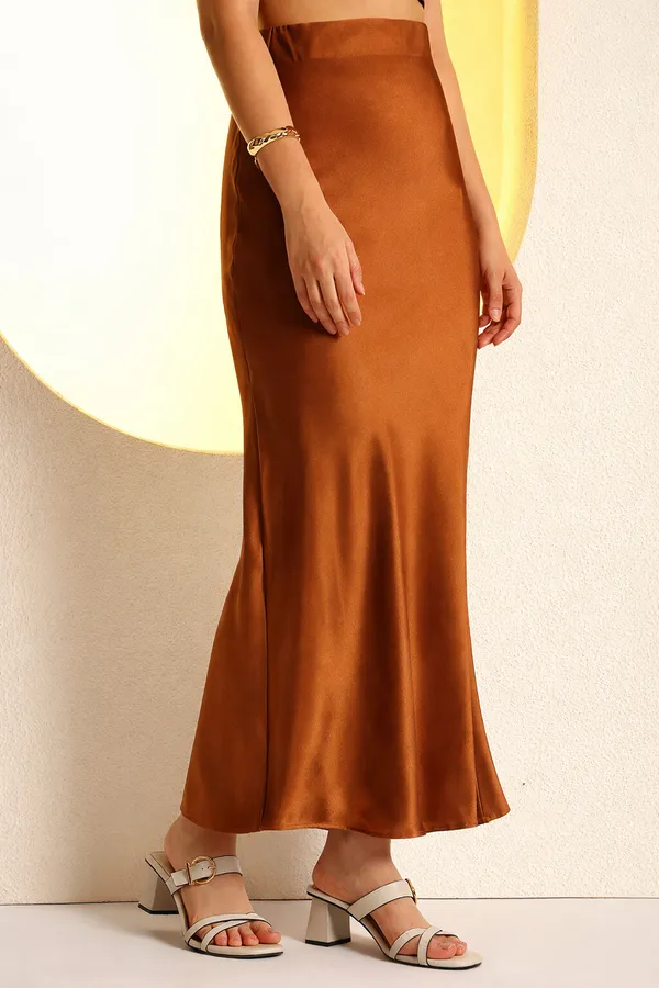Brown_Solid_Satin_Midi_Skirt
