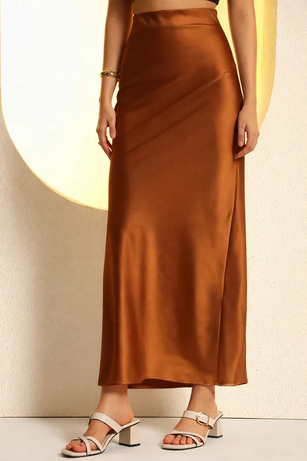 Brown_Solid_Satin_Midi_Skirt