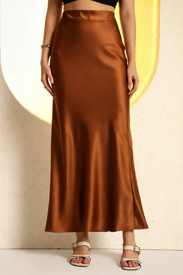 Brown_Solid_Satin_Midi_Skirt