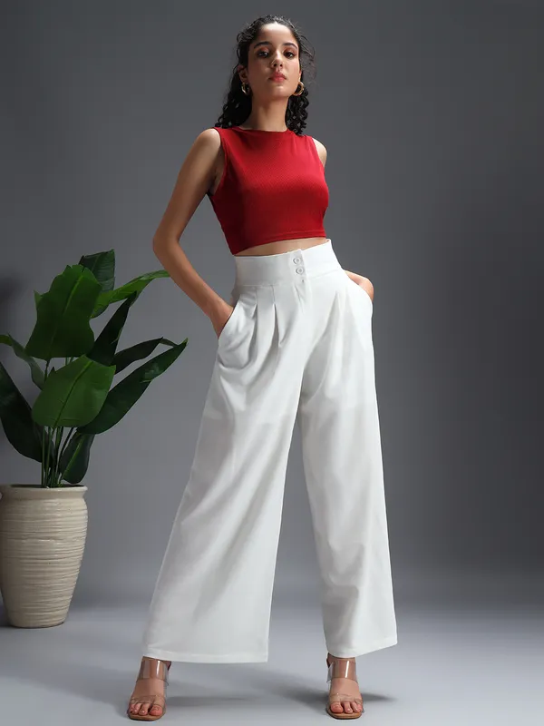 Zastraa_Off-White_High_Waist_Darted_Korean_Pants