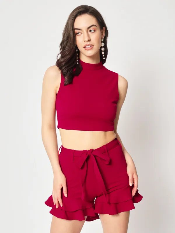Zastraa_Women_Red_Slim_Fit_High-Rise_Ruffles_Shorts