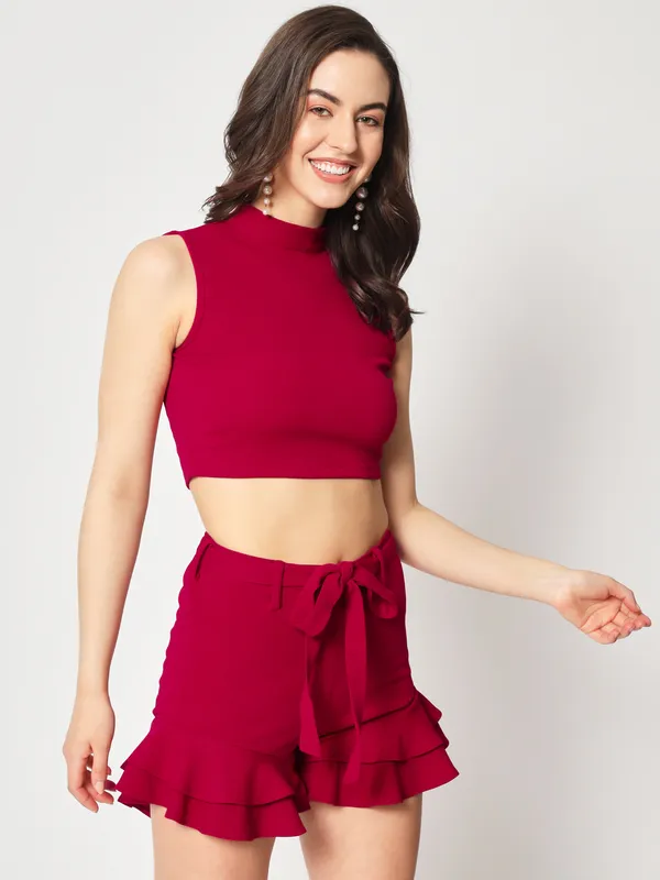 Zastraa_Women_Red_Slim_Fit_High-Rise_Ruffles_Shorts