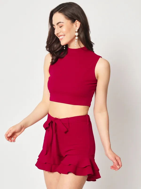 Zastraa_Women_Red_Slim_Fit_High-Rise_Ruffles_Shorts