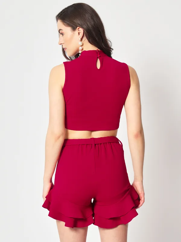 Zastraa_Women_Red_Slim_Fit_High-Rise_Ruffles_Shorts