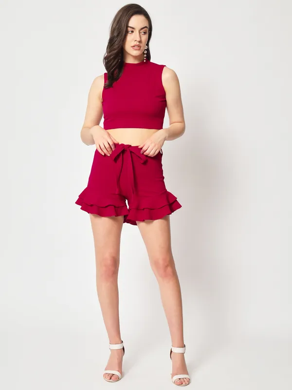 Zastraa_Women_Red_Slim_Fit_High-Rise_Ruffles_Shorts