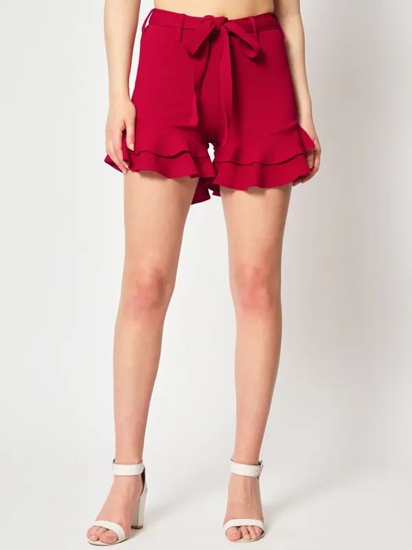 Zastraa_Women_Red_Slim_Fit_High-Rise_Ruffles_Shorts