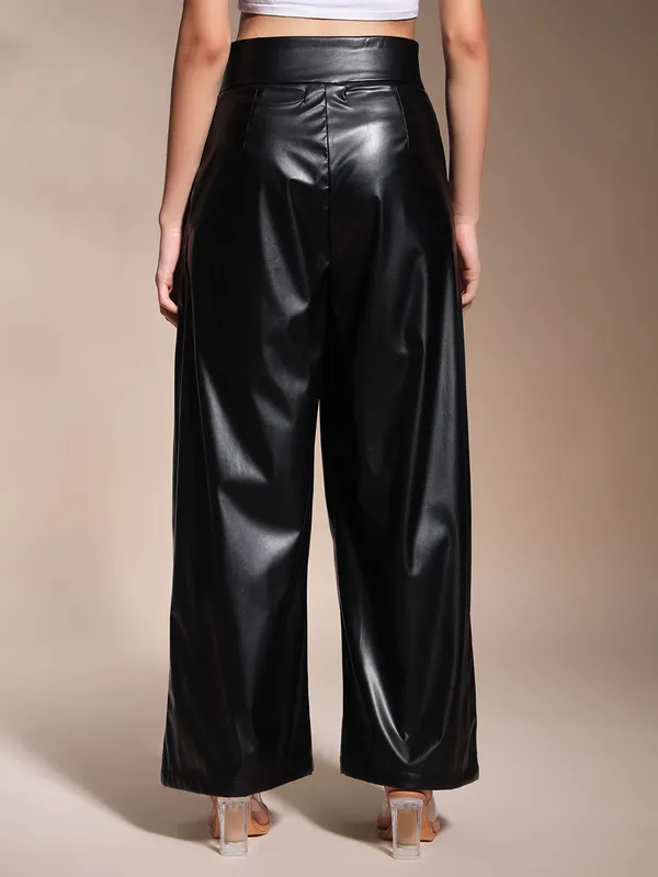 Zastraa_Black_PU_High_Waist_Darted_Korean_Pants