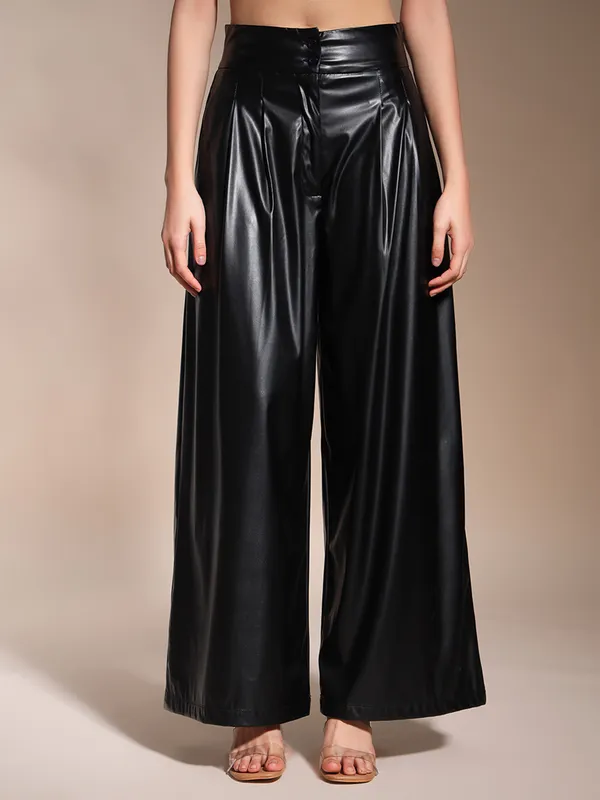 Zastraa_Black_PU_High_Waist_Darted_Korean_Pants