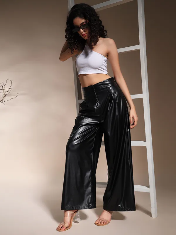 Zastraa_Black_PU_High_Waist_Darted_Korean_Pants