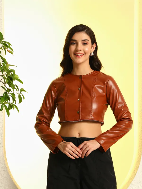 Zastraa_Women_PU_Brown_Lightweight_Crop_Tailored_Convertible_Jacket