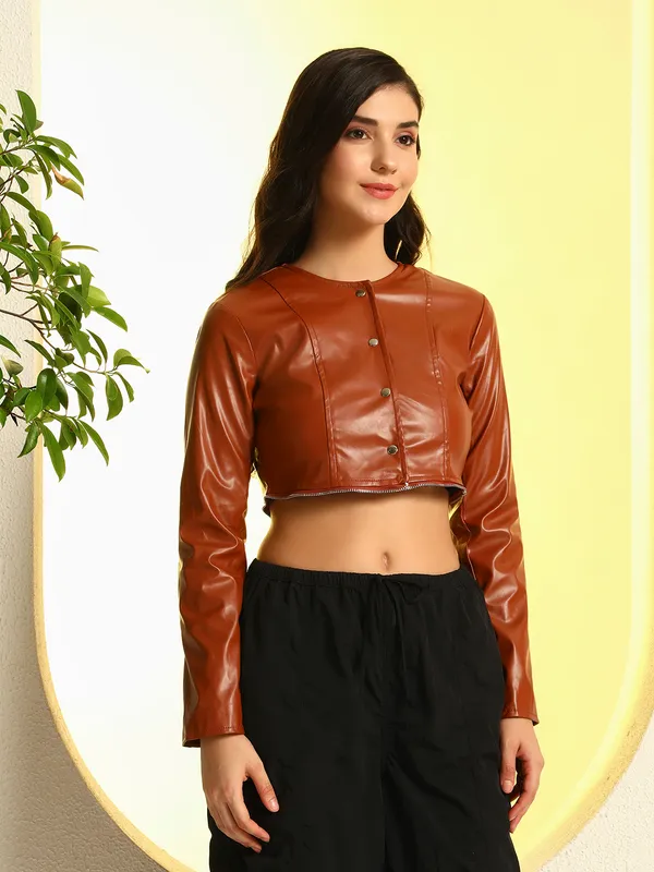 Zastraa_Women_PU_Brown_Lightweight_Crop_Tailored_Convertible_Jacket