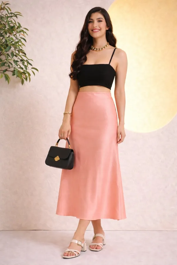 Zastraa_Women_Pink_Satin_Midi_Flared_Skirt