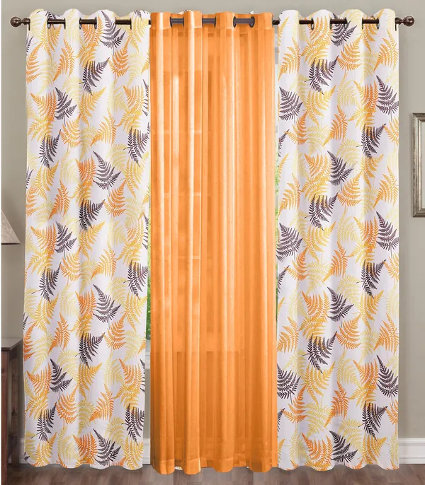 Pack_of_3_Pieces_Cotton_Saftey_Orange_Rosy_Reflections_Printed_Eyelet_Curtain_Set_For_Bedroom_and_Living_Room