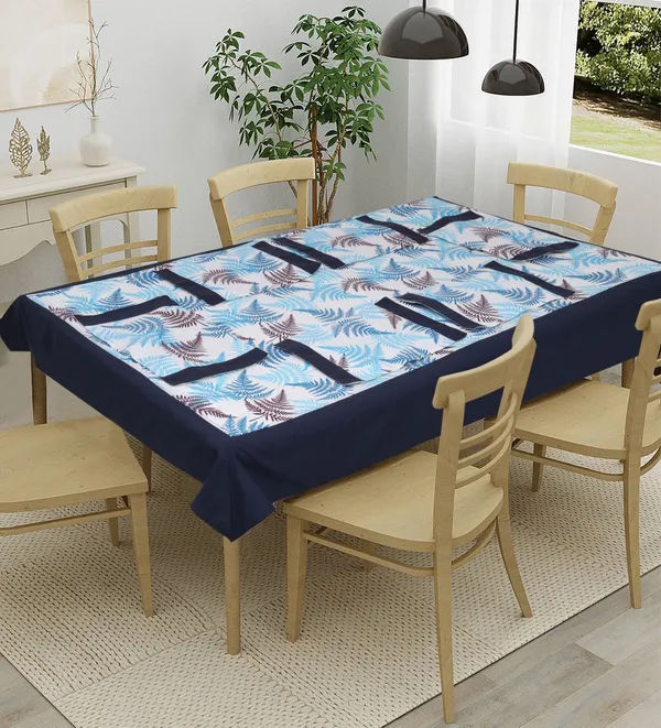 Pack_of_5,7_&_9_Cotton_Blue_Tropical_Leaf_Collection_Table_Cover_With_Place_Mat-for_Dining_and_Center_Table
