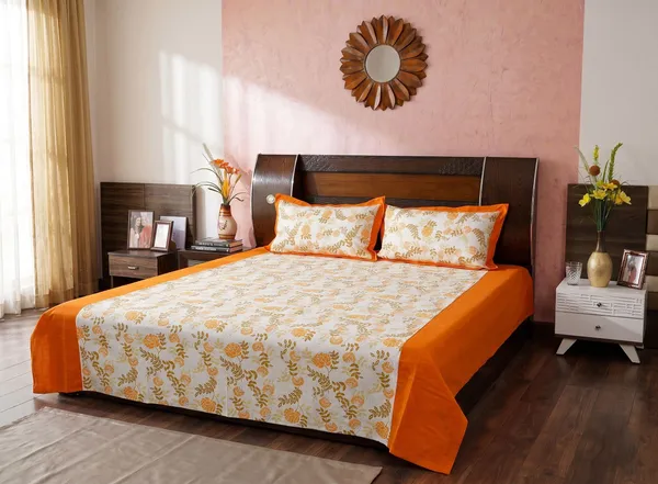 Pack_of_2_&_3_Pieces_Cotton_Orange_Floral_Bonanza_Printed_Bedsheet_Set_With_Pillow_Covers_for_Bedroom,_Guest_Room,_Kids_Room