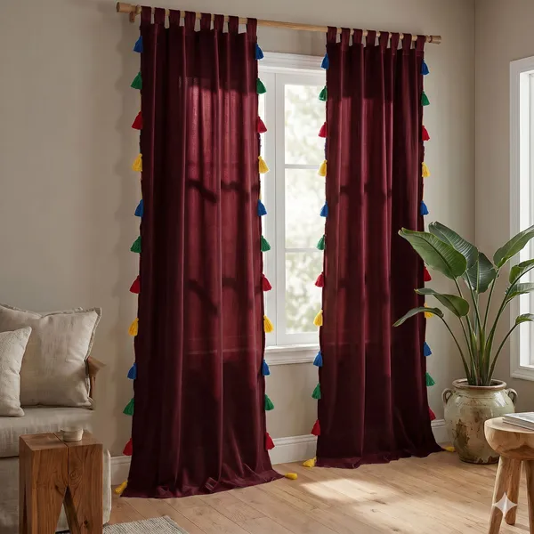 Pack_of_2_Cotton_Maroon_Sheer_Summer_fun_Multi_Tassel_Tab_Top_Curtain_Set_for_Window_and_Door