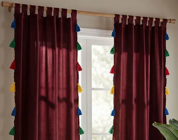 Pack_of_2_Cotton_Maroon_Sheer_Summer_fun_Multi_Tassel_Tab_Top_Curtain_Set_for_Window_and_Door