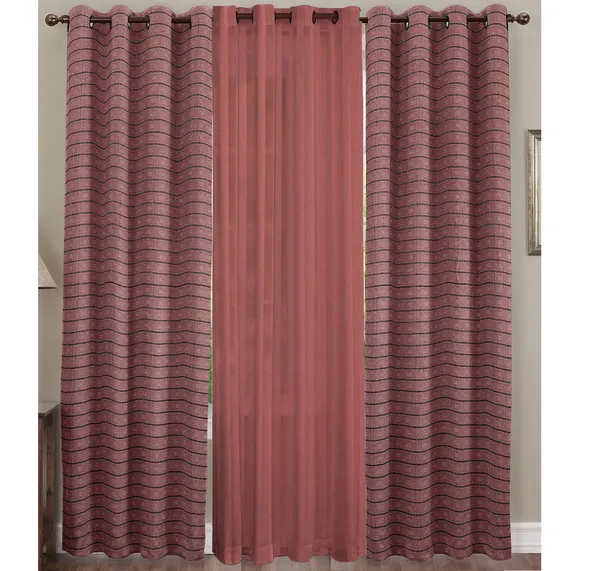 Pack_of_3_Pieces_Cotton_Ancient_Copper_Check_Reflection_Collection_Eyelet_Curtain_Set_For_Bedroom_and_Living_Room