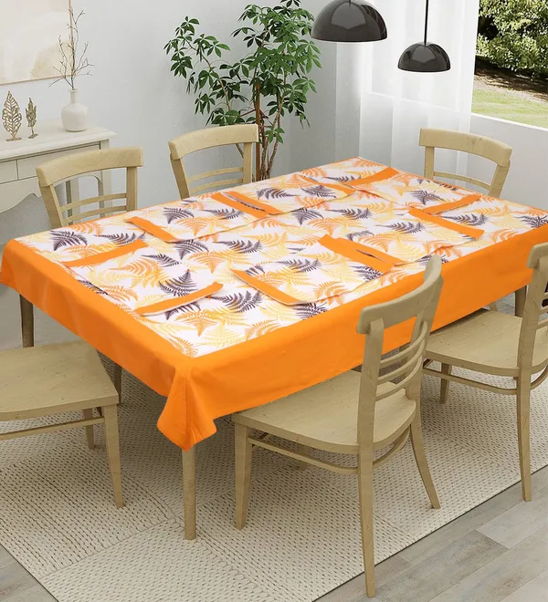 Pack_of_5,7_&_9_Cotton_Orange_Tropical_Leaf_Collection_Table_Cover_With_Place_Mat-for_Dining_and_Center_Table