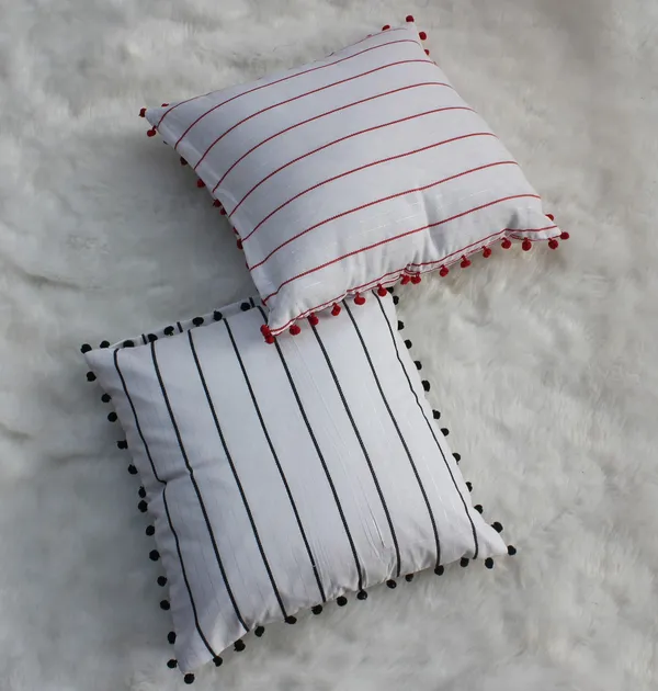 Pack_of_2_Piece_Cotton_White_Red_Pin_Stripe_Pompom_Collection_Cushion_&_Pillow_Cover-for_Living_Room_and_Bedroom