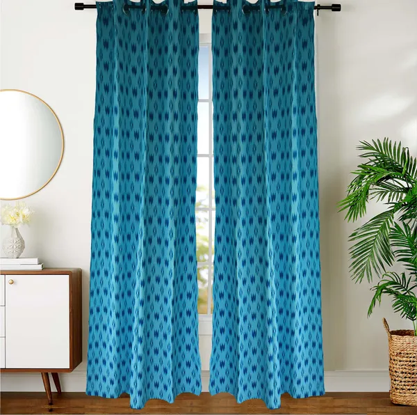 Pack_of_2_Piece_Cotton_Blue_Pochampaaly_Weave_Ikat_Printed_Grommet_Collection_Curtain_Set-For_Bedroom_and_Living_Room