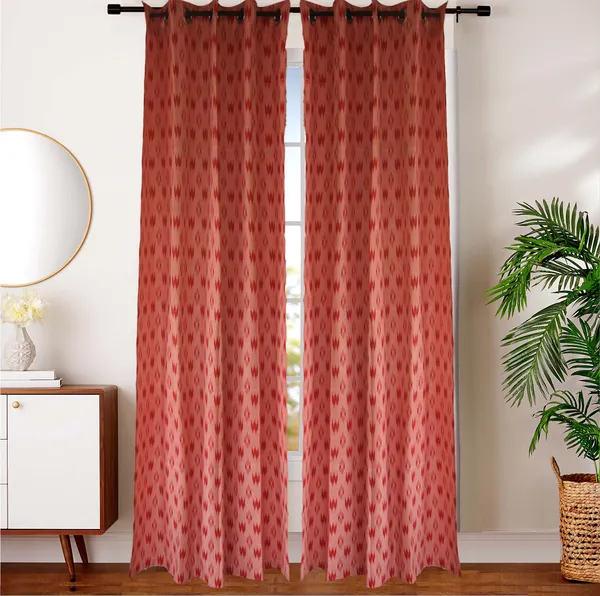 Pack_of_2_Piece_Cotton_Maroon_Pochampaaly_Weave_Ikat_Printed_Grommet_Collection_Curtain_Set-For_Bedroom_and_Living_Room
