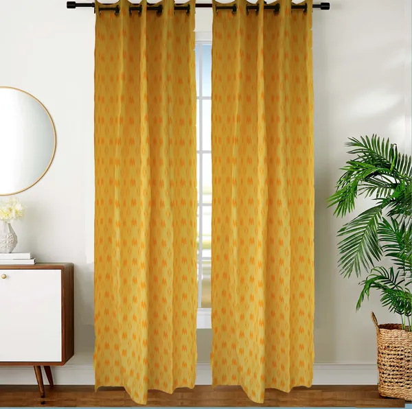 Pack_of_2_Piece_Cotton_Yellow_Pochampaaly_Weave_Ikat_Printed_Grommet_Collection_Curtain_Set-For_Bedroom_and_Living_Room