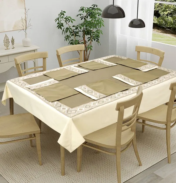 Pack_of_5,7_&_9_Cotton_Beige_Mesh_Jacquard_Collection_Table_Cover_With_Place_Mat-for_Dining_and_Center_Table