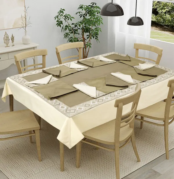 Pack_of_13,19_&_25_Cotton_Beige_Mesh_Jacquard_Collection_With_Place_Mat_&_Napkins-for_Dining_and_Center_Table