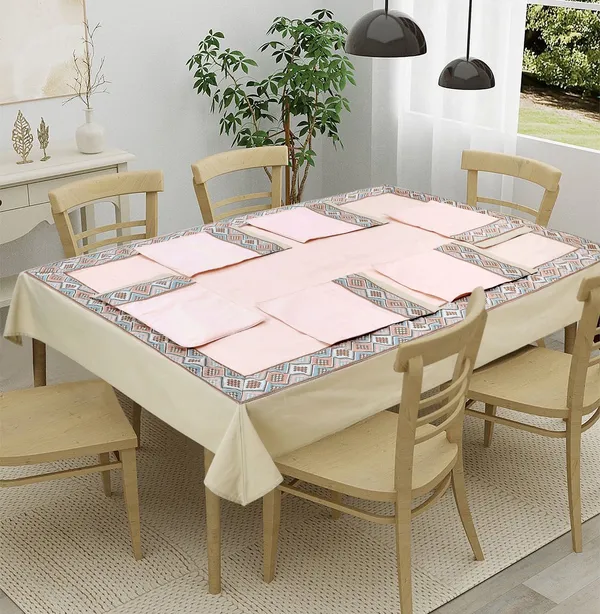 Pack_of_5,7_&_9_Cotton_Pink_Mesh_Jacquard_Collection_Table_Cover_With_Place_Mat-for_Dining_and_Center_Table