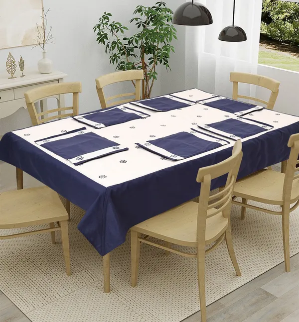 Pack_of_5,7,9_Cotton_Blue_Eric_Flora_Embroidery_Collection_Table_Cover_With_Place_Mat-for_Dining_and_Center_Table