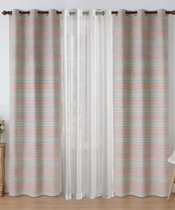Pack_of_3_Pieces_Cotton_Pink_Candy_Stripe_Pompom_Collection_Eyelet_Curtain_Set_For_Bedroom_and_Living_Room