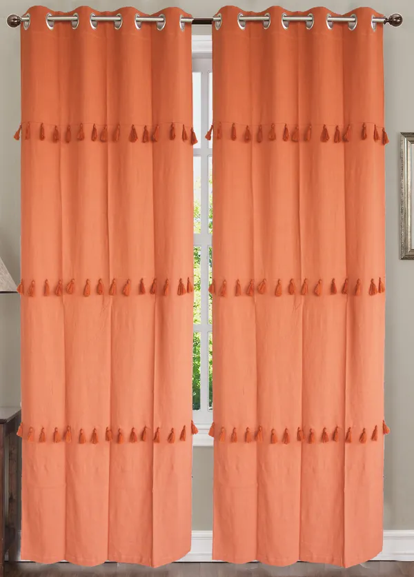 Pack_of_2_Pieces_Cotton_Rust_Merit_Tassel_Collection_Eyelet_Curtain_Set_For_Bedroom_and_Living_Room