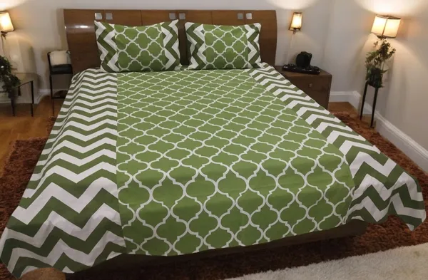 Pack_of_3_Pieces_Cotton_Green_Ogee_Chevron_Cotton_Printed_Bedsheet_With_Pillow_Cover_for_Bedroom,_Guest_Room,_Kids_Room