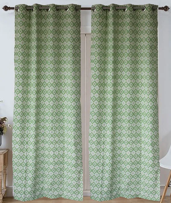 Pack_of_3_Pieces_Cotton_Aquamarine_Check_Reflection_Collection_Eyelet_Curtain_Set_For_Bedroom_and_Living_Room