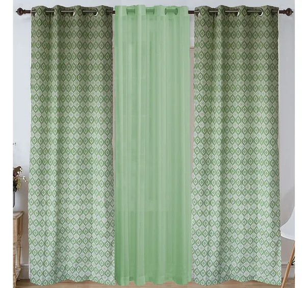 Pack_of_3_Pieces_Cotton_Aquamarine_Check_Reflection_Collection_Eyelet_Curtain_Set_For_Bedroom_and_Living_Room
