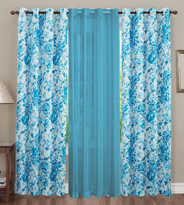 Pack_of_3_Pieces_Cotton_Turqouise_Rosy_Reflections_Printed_Eyelet_Curtain_Set_For_Bedroom_and_Living_Room