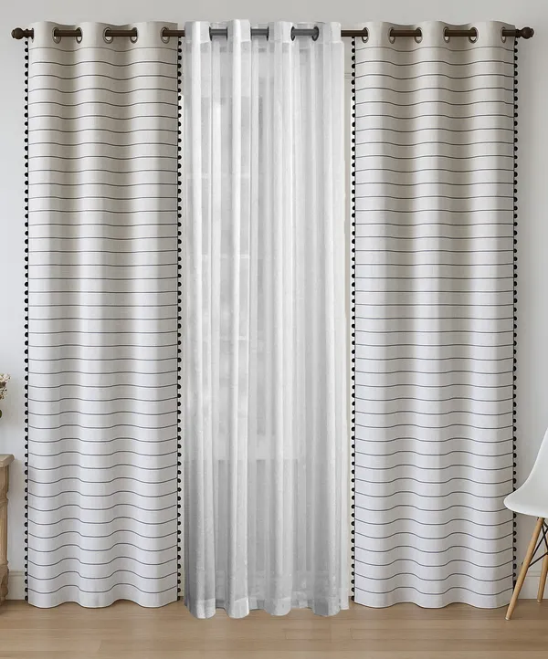 Pack_of_3_Pieces_Cotton_White-Black_Pin_Stripe_Pompom_Collection_Eyelet_Curtain_Set_For_Bedroom_and_Living_Room