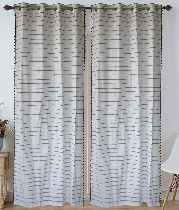Pack_of_3_Pieces_Cotton_White-Black_Pin_Stripe_Pompom_Collection_Eyelet_Curtain_Set_For_Bedroom_and_Living_Room