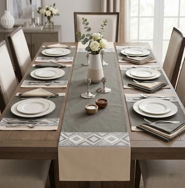 Mesh_Jacquard_Collection_Grey_Table_Runner_With_Place_Mat_and_Napkin-Dining_&_Center_Table_for_Decoration_and_Party