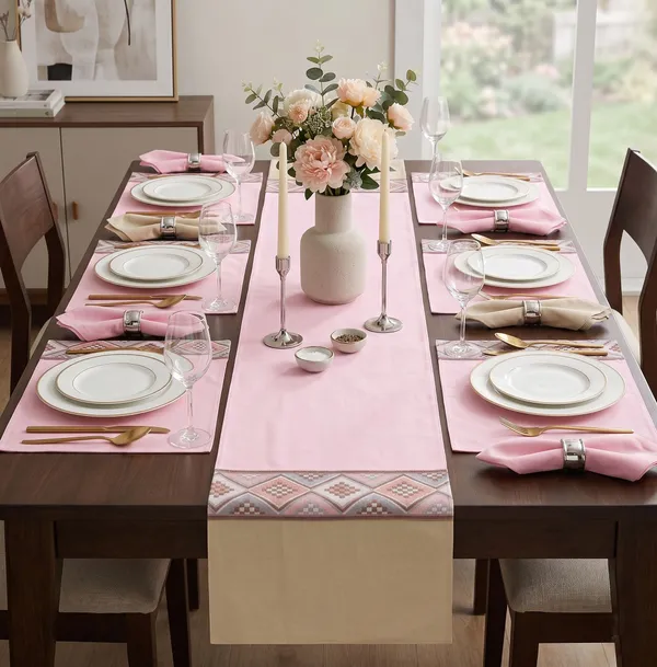 Mesh_Jacquard_Collection_Pink_Table_Runner_With_Place_Mat_and_Napkin-Dining_&_Center_Table_for_Decoration_and_Party
