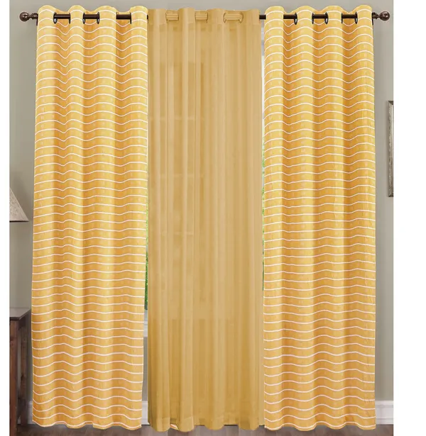 Pack_of_3_Pieces_Cotton_Lemon_Yellow_Check_Reflection_Collection_Eyelet_Curtain_Set_For_Bedroom_and_Living_Room