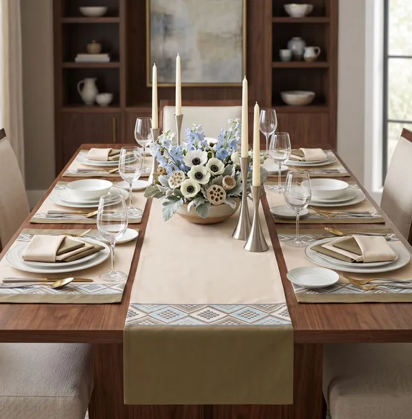 Mesh_Jacquard_Collection_Blue_Table_Runner_With_Place_Mat_and_Napkin-Dining_&_Center_Table_for_Decoration_and_Party