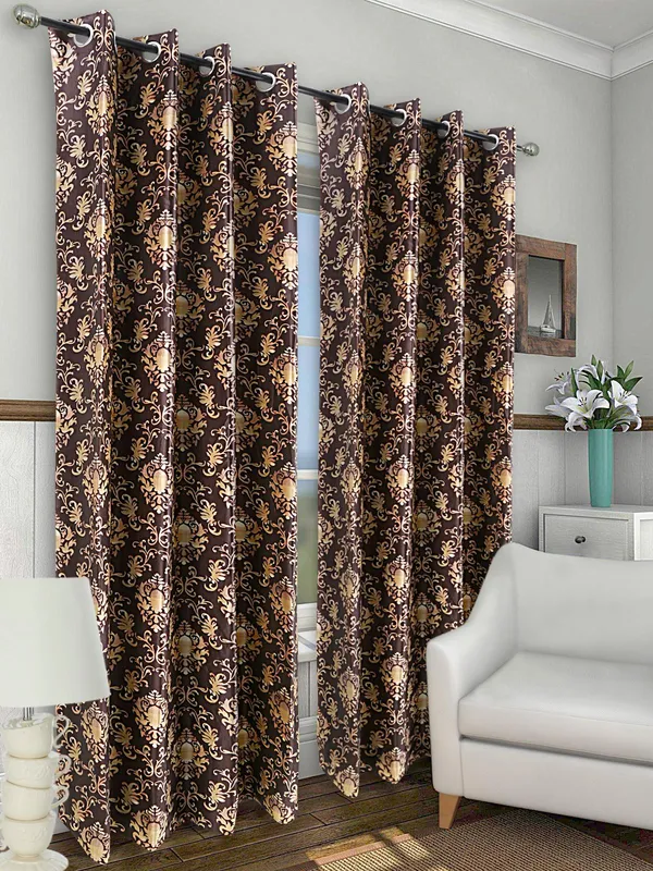 Dekor_World_Polyester_Brown_Damask_Multi_Printed_Eyelet_Curtain_Set_(Pack_of_2)-110x275cm_(4x9_Feet)_Long_Door_Curtain