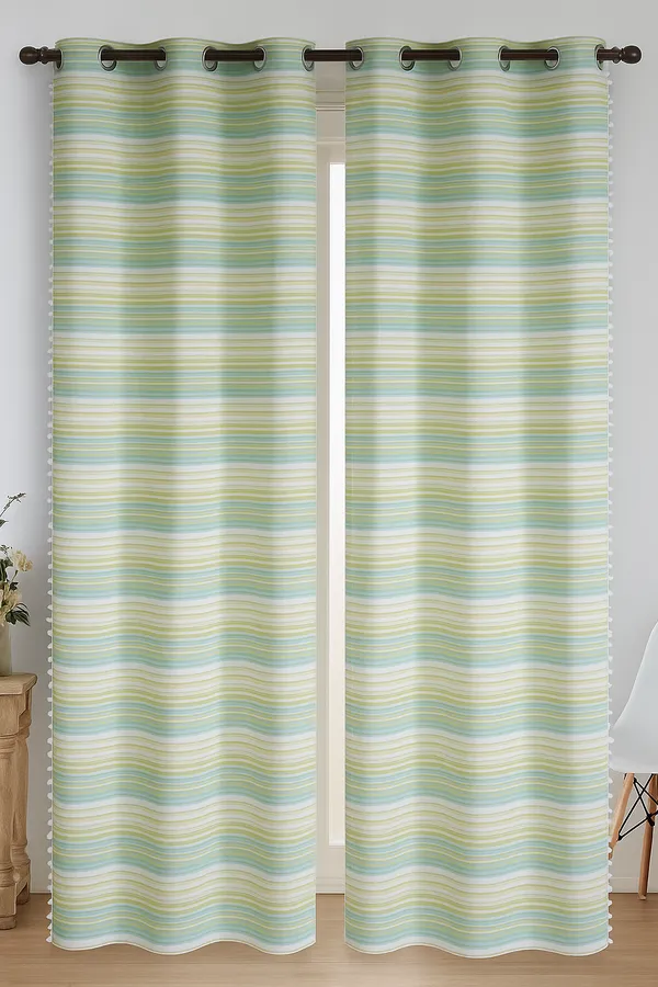 Pack_of_2_Cotton_Green_Candy_Stripe_Pompom_Collection_Eyelet_Curtain_Set_for_Window_and_Door