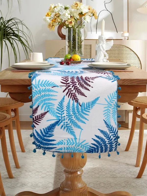 Pack_of_1_Piece_Cotton_Blue_Tropical_Leaf_Pompom_Collection_Table_Runner_For_Dining_&_Center_Table